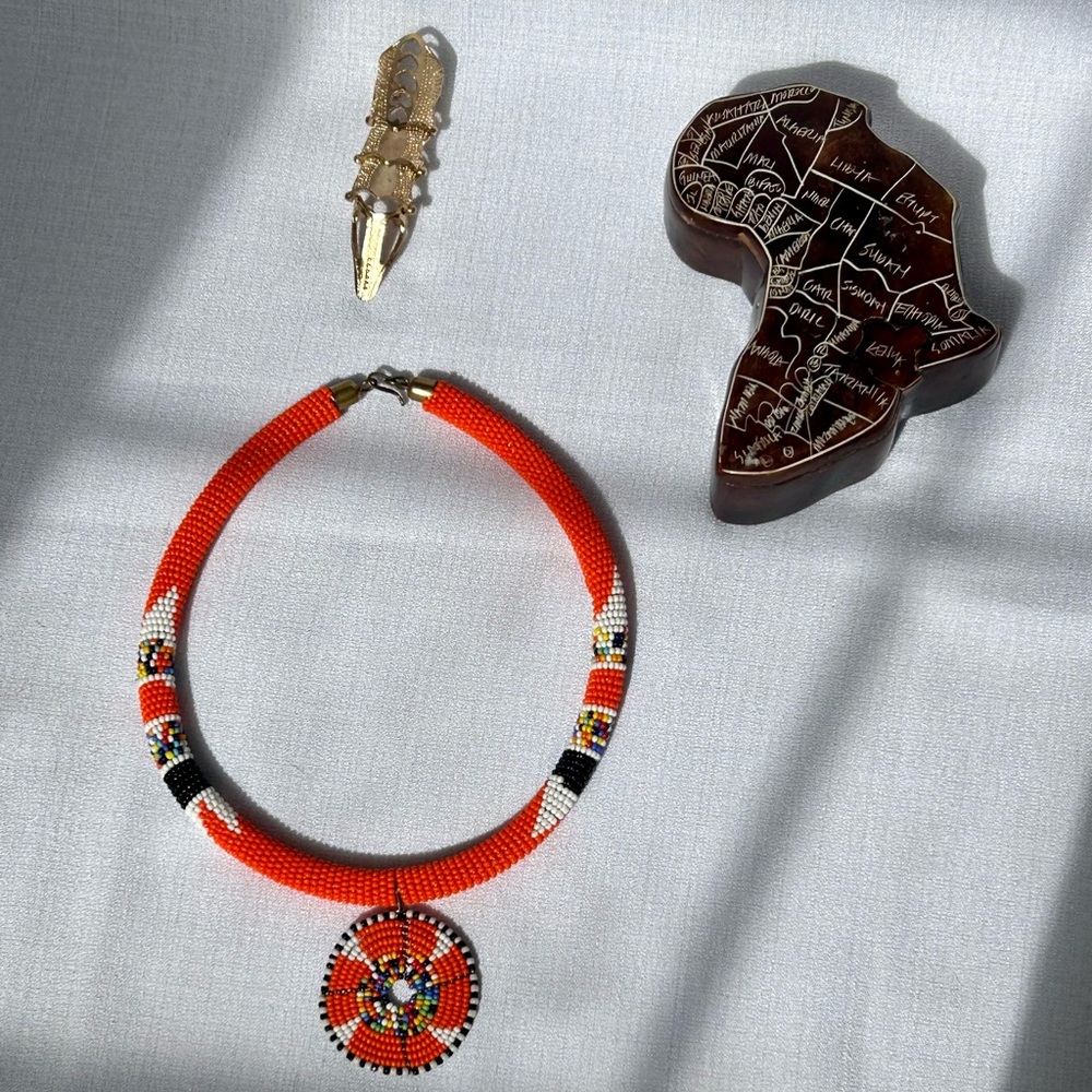 Authentic African orange beaded necklace handmade in Kenya